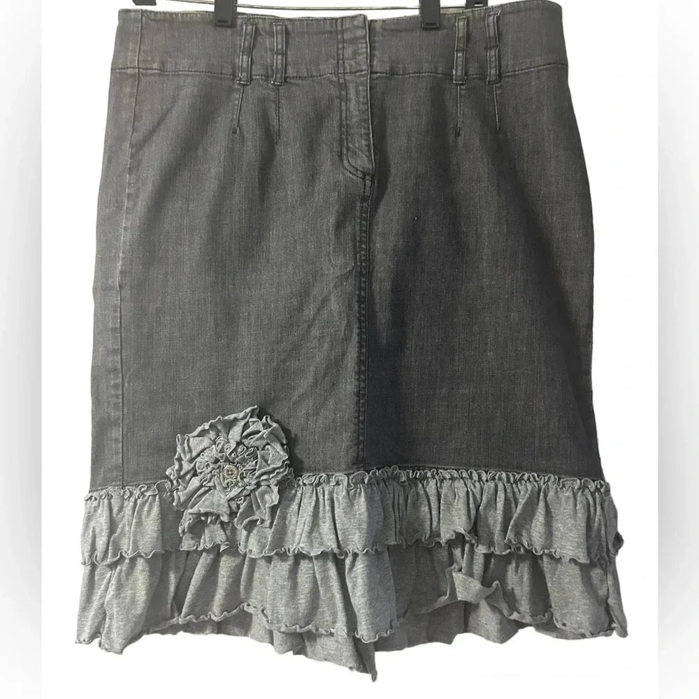 Attention Gray Denim Upcycled Skirt Ruffle T-Shirt Knit Trim Size 14 Y2K